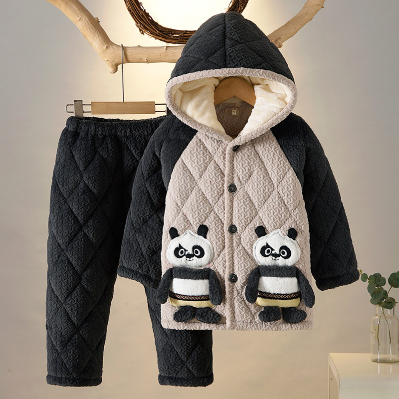 儿童睡衣冬季新款法兰绒男童男孩保暖珊瑚家居服套装三层夹棉加厚