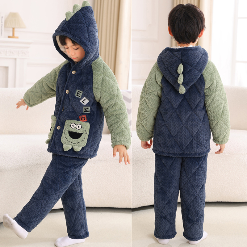 男童睡衣冬季男孩加厚带帽法兰绒三层夹棉宝宝套装小孩儿童家居服