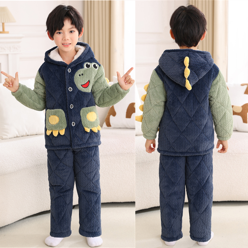 男童恐龙睡衣三层夹棉加厚款法兰绒中大童宝宝小孩儿童家居服套装