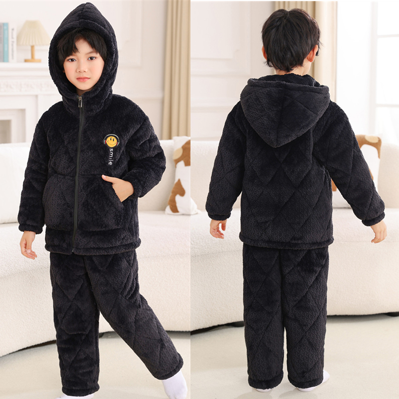 男童睡衣拉链三层夹棉加厚款中大童法兰绒小童冬季儿童家居服套装
