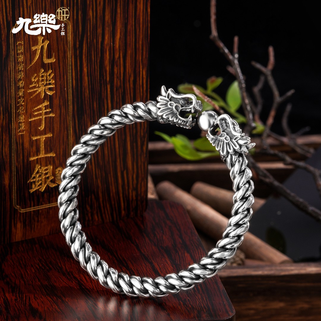 九乐 足银手镯 手工银999复古时尚浮雕双龙戏珠手镯男女银镯