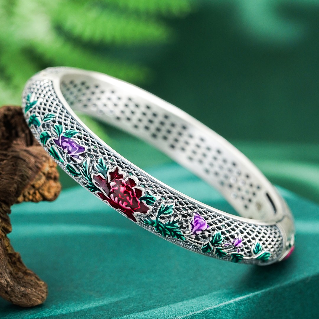 九乐 足银手镯 990镂空牡丹暗扣手环手镯约48g女繁花似锦觅安宁