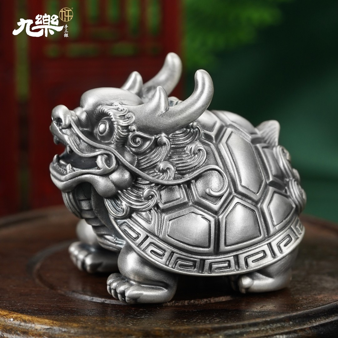 九乐 足银银制品 立体做旧龙龟手把件霸下摆件茶宠茶具配件茶玩