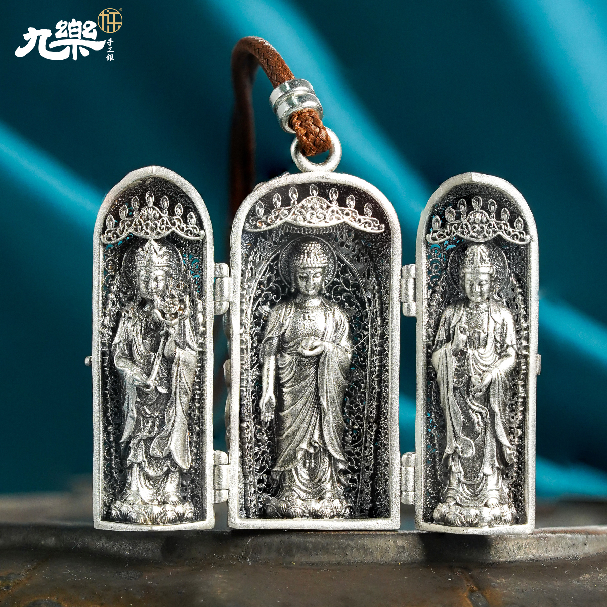 九乐 吊坠足银布 999莲花山圣观音可开吊坠中式个性复古做旧绳链