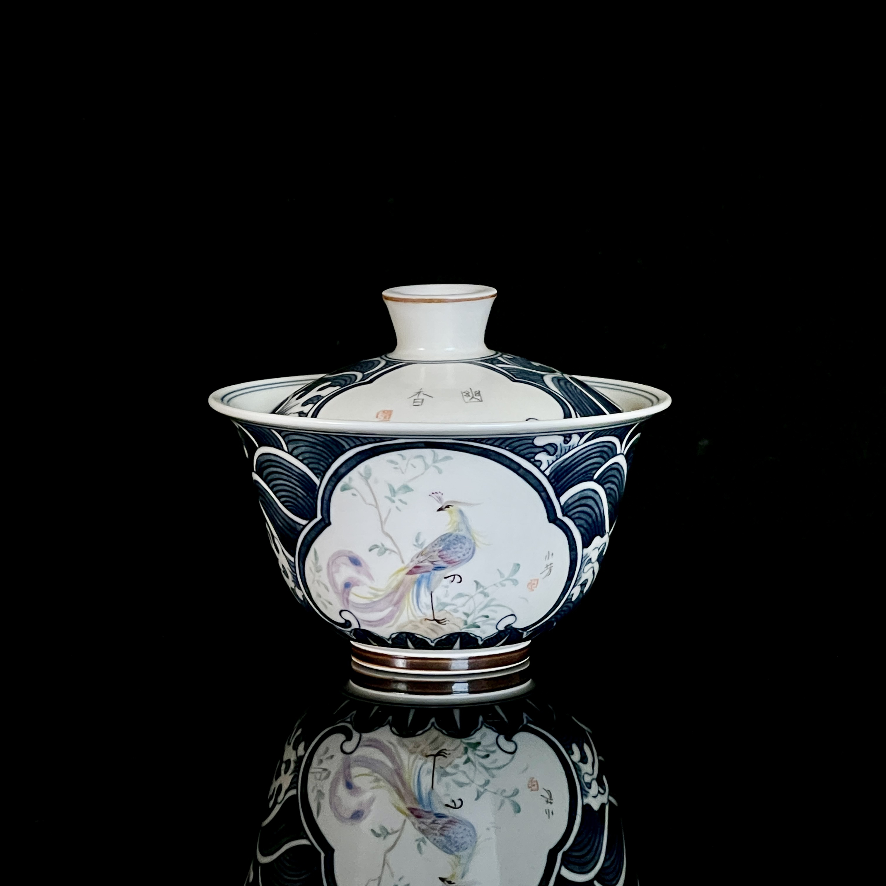 等于堂柴烧出品，小芳老师手绘，双面开窗花鸟盖碗，容量150毫升