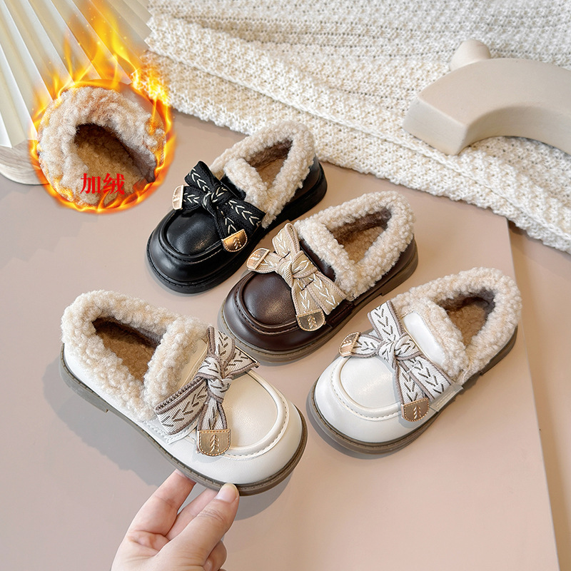黑色加绒乐福鞋女2024冬季韩版女童棉鞋复古厚底单鞋英伦风小皮鞋