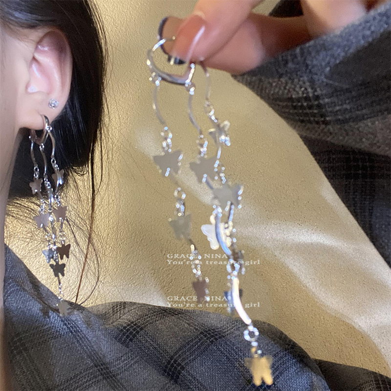 翩翩起舞！银色蝴蝶流苏耳环2023新款爆款耳钉女ins网红气质耳饰