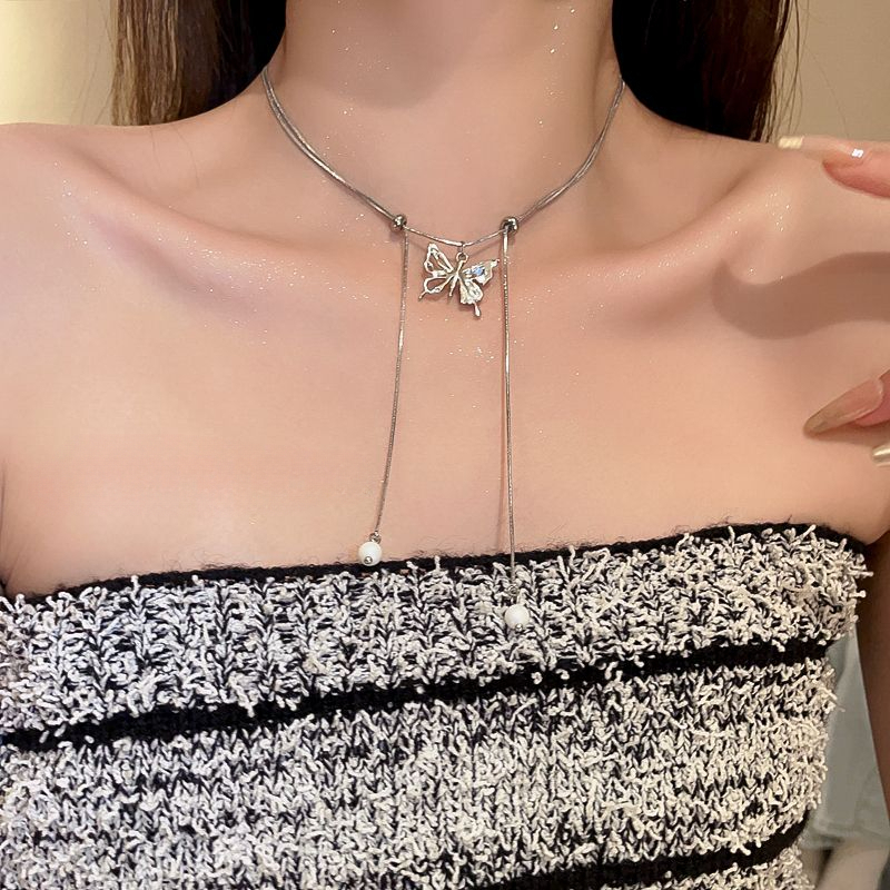 新中式可调节抽拉式抽绳蝴蝶项链轻奢小众流苏辣妹锁骨链女