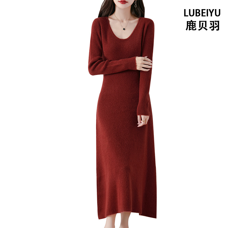 鹿贝羽大U领连衣裙女100纯羊毛裙长款毛衣配大衣方领针织打底裙