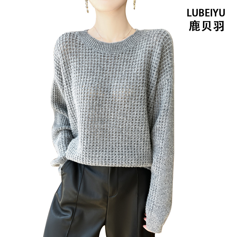 鹿贝羽100%羊毛镂空针织衫女气质圆领套头毛衣宽松休闲羊绒打底