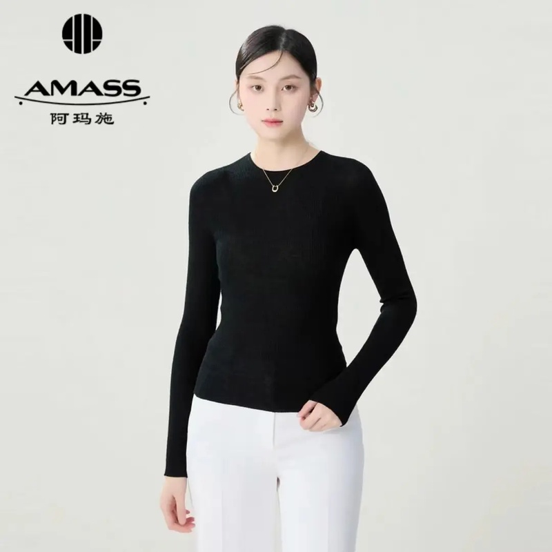 AMASS/阿玛施女冬季爆款休闲竖坑条圆领套头绵羊毛针织衫5399775