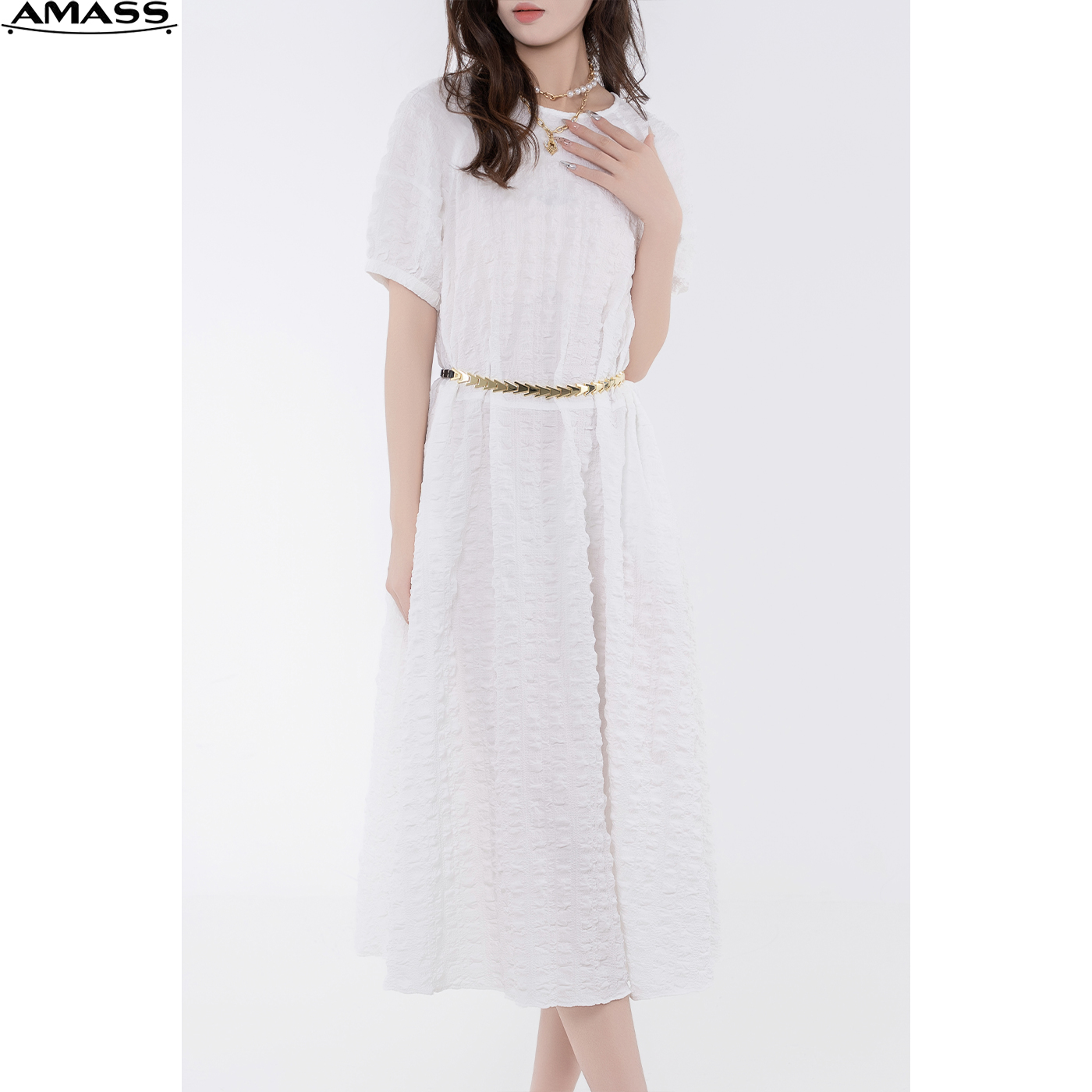 AMASS/阿玛施夏季新款法式甜美轻薄泡泡袖宽松显瘦连衣裙5500534
