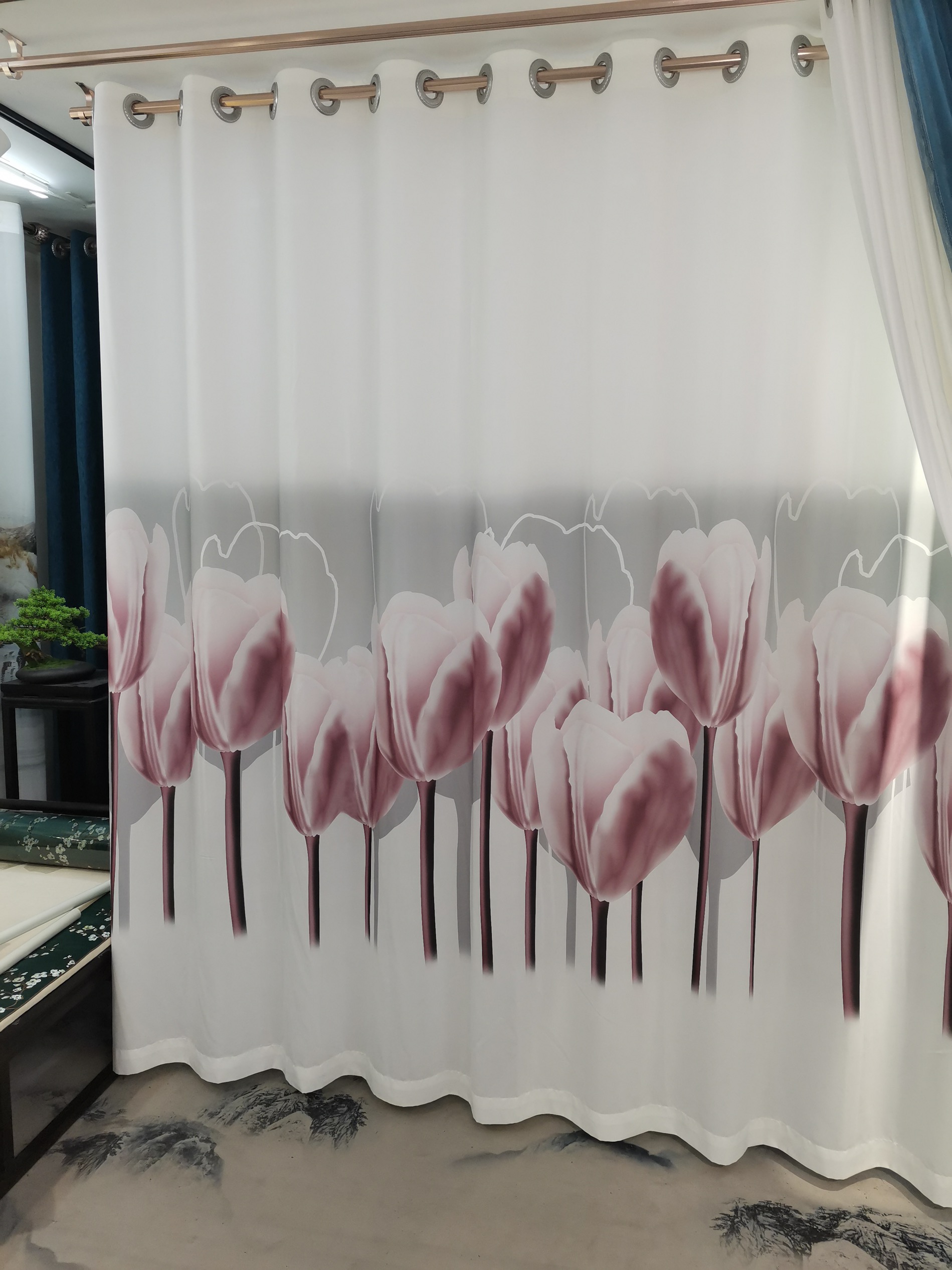2023新款5D立体数码印花防掛防勾丝，透光不透人卧室郁金香窗纱