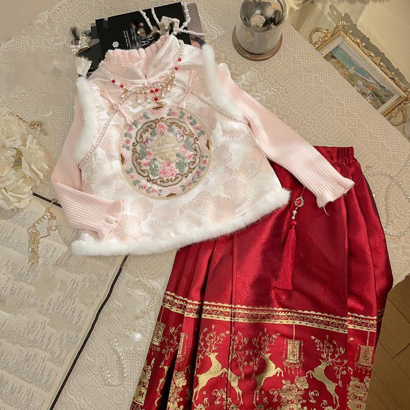 女童新中式汉服套装秋冬2023新款女宝宝复古中国风改良刺绣马面裙