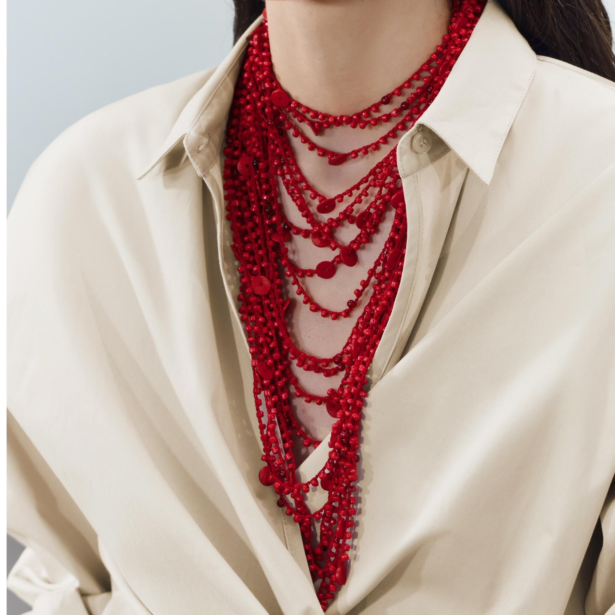 合金项链 欧美多层红色珠项链波西米亚夸张纽扣串珠颈链街拍配饰