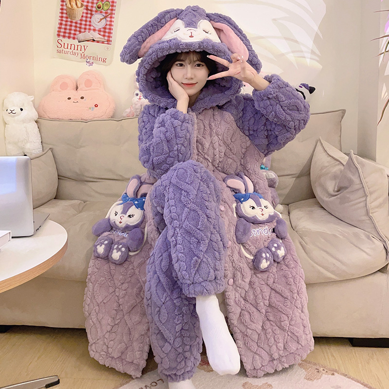 冬季三层加厚加绒夹棉睡袍长款睡衣女款连帽珊瑚绒家居服 8981