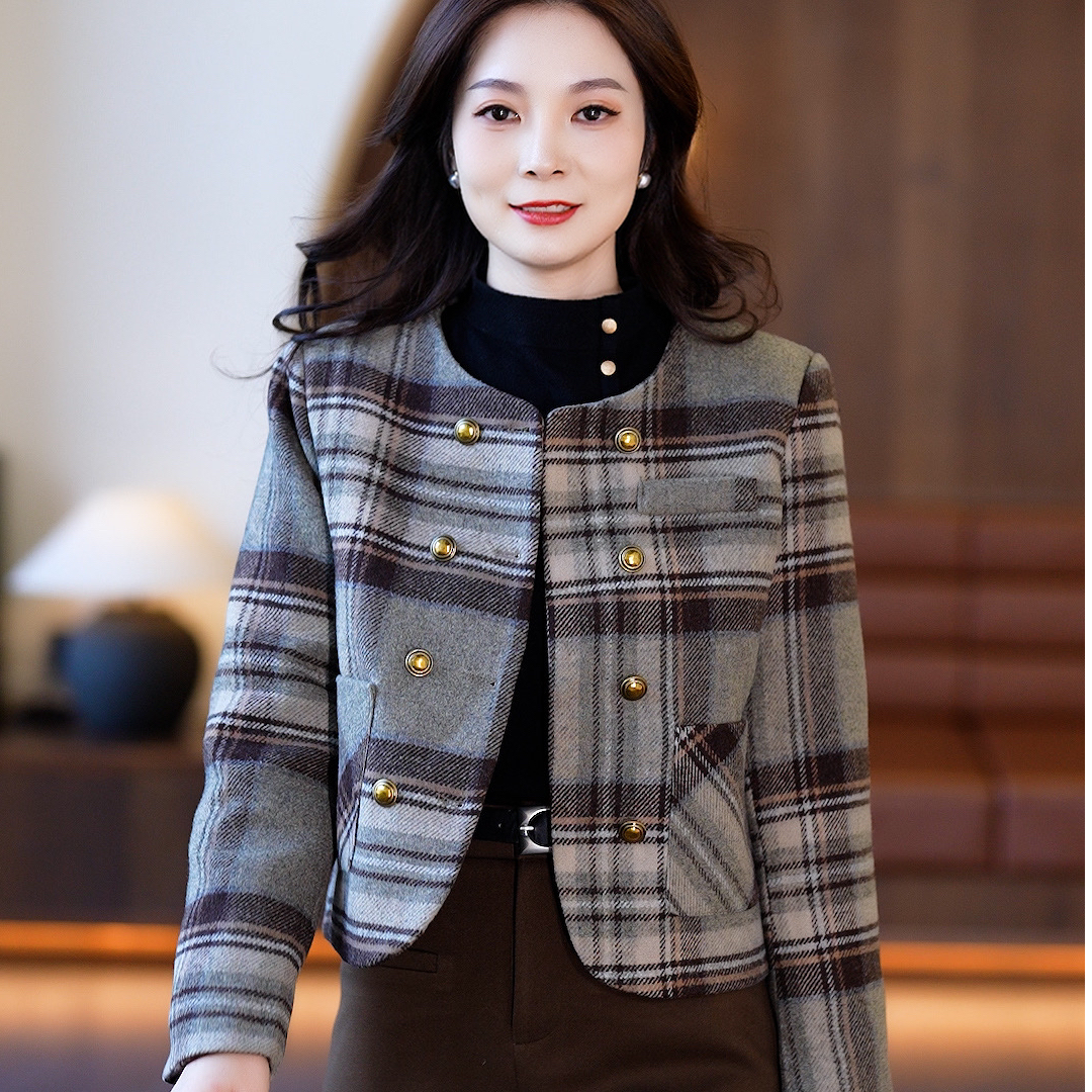 加绒格子短款外套女2025秋冬新款气质减龄显瘦百搭小个子洋气上衣