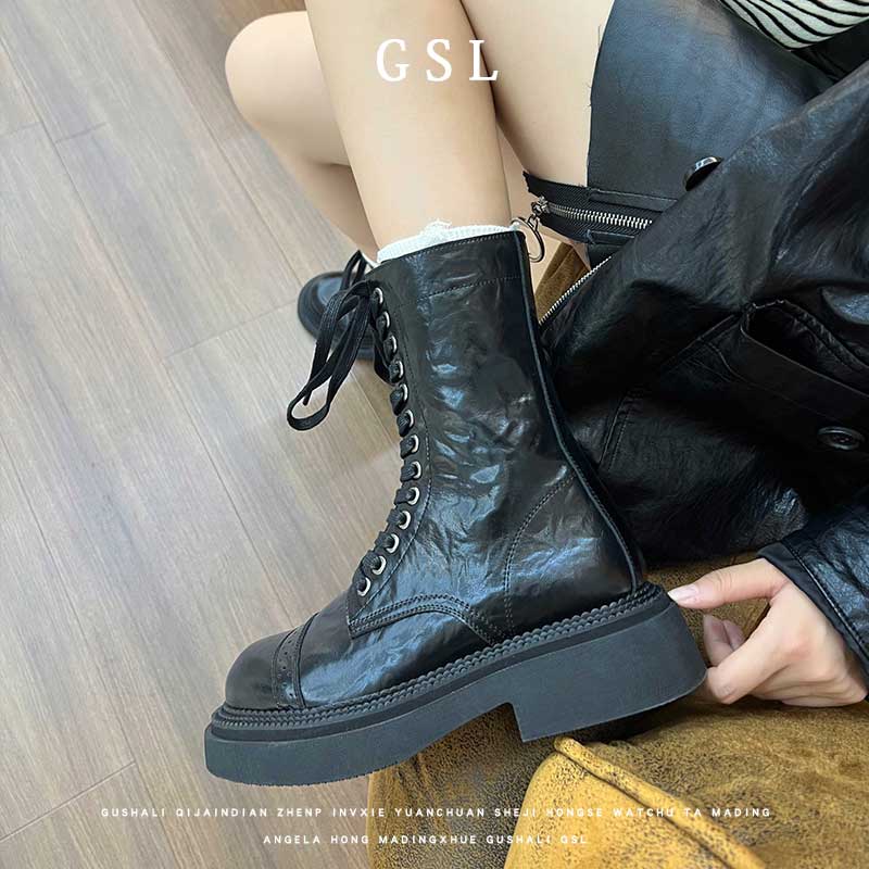 靴子女款爆款2025新款冬款女鞋加绒厚底靴子女短靴真皮机车马丁靴