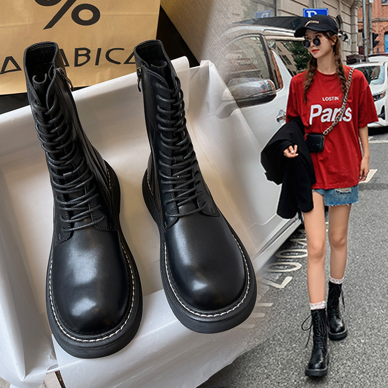 冬季加绒2年新款马丁靴女英伦风厚底真皮百搭中筒短靴机车单靴