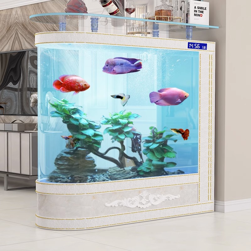 江彩子弹头欧式鱼缸客厅小型隔断屏风底滤生态鱼缸弧形大型落地