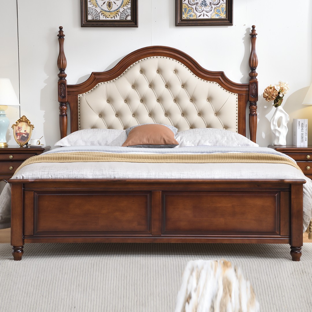 美式实木床罗马柱主卧室双人床家用1米8气压高箱储物床公主床大床