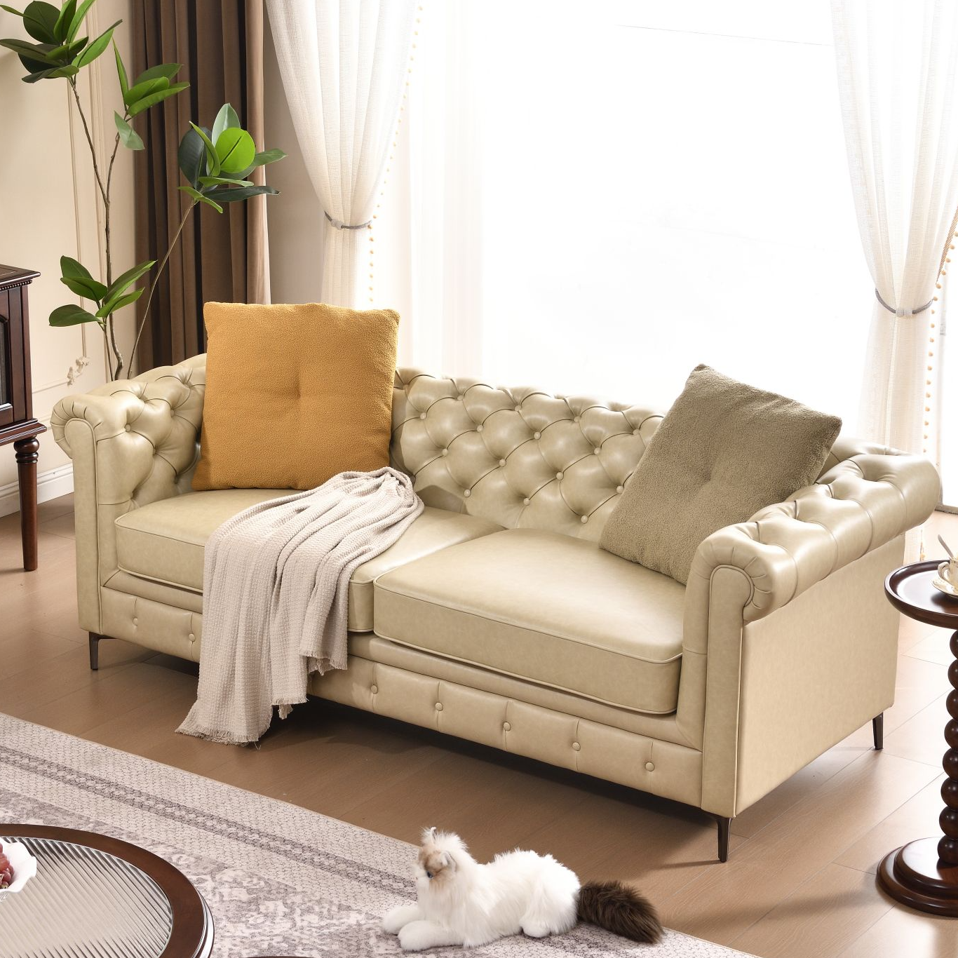 经典小户型客厅2.2米直排沙发奢华拉扣皮艺实木轻奢全皮复古沙发