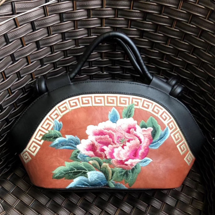 【粉丝团福】真皮牡丹刺绣  斜挎元宝包手提包时尚百搭女士国风