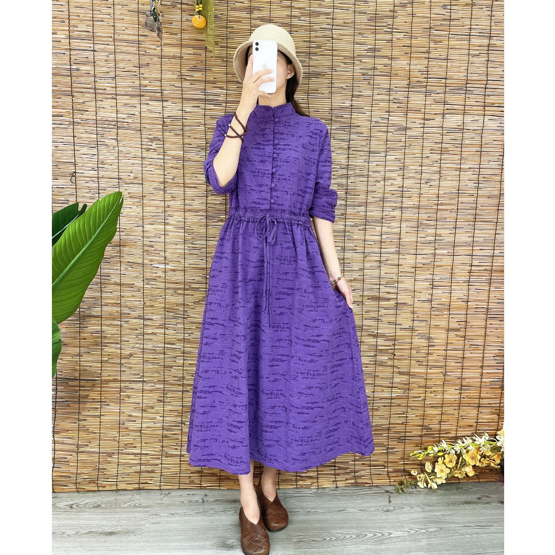 【气质款】加厚亚麻双面提花抽绳早春款棉麻连衣裙文艺复古长裙
