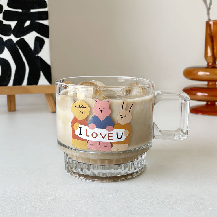 韩式卡通玻璃杯高颜值办公室宿舍用喝水杯子可爱带把手早餐果汁杯