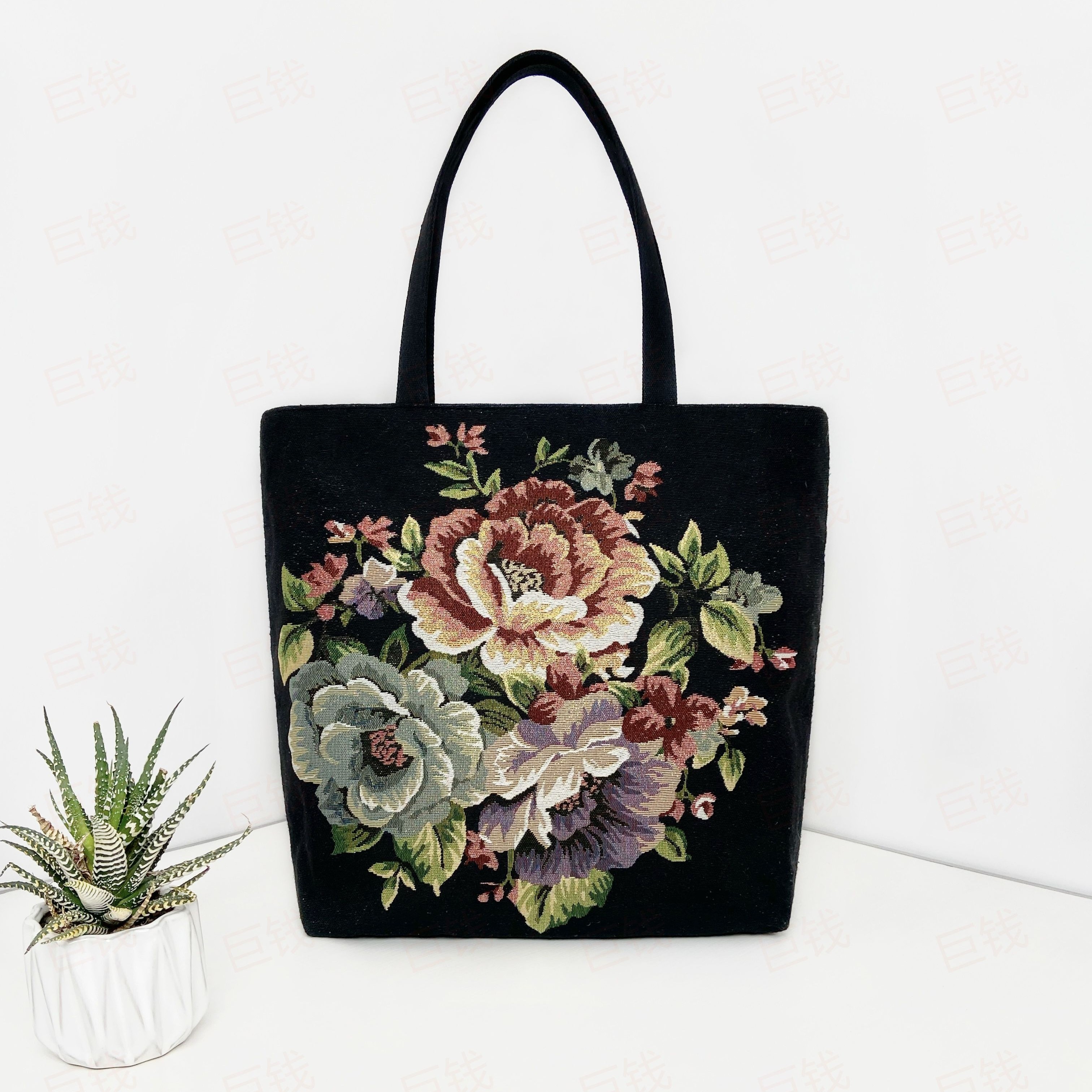 黑色牡丹中国风双面休闲时尚简约民族风针织刺绣加金丝线手提包