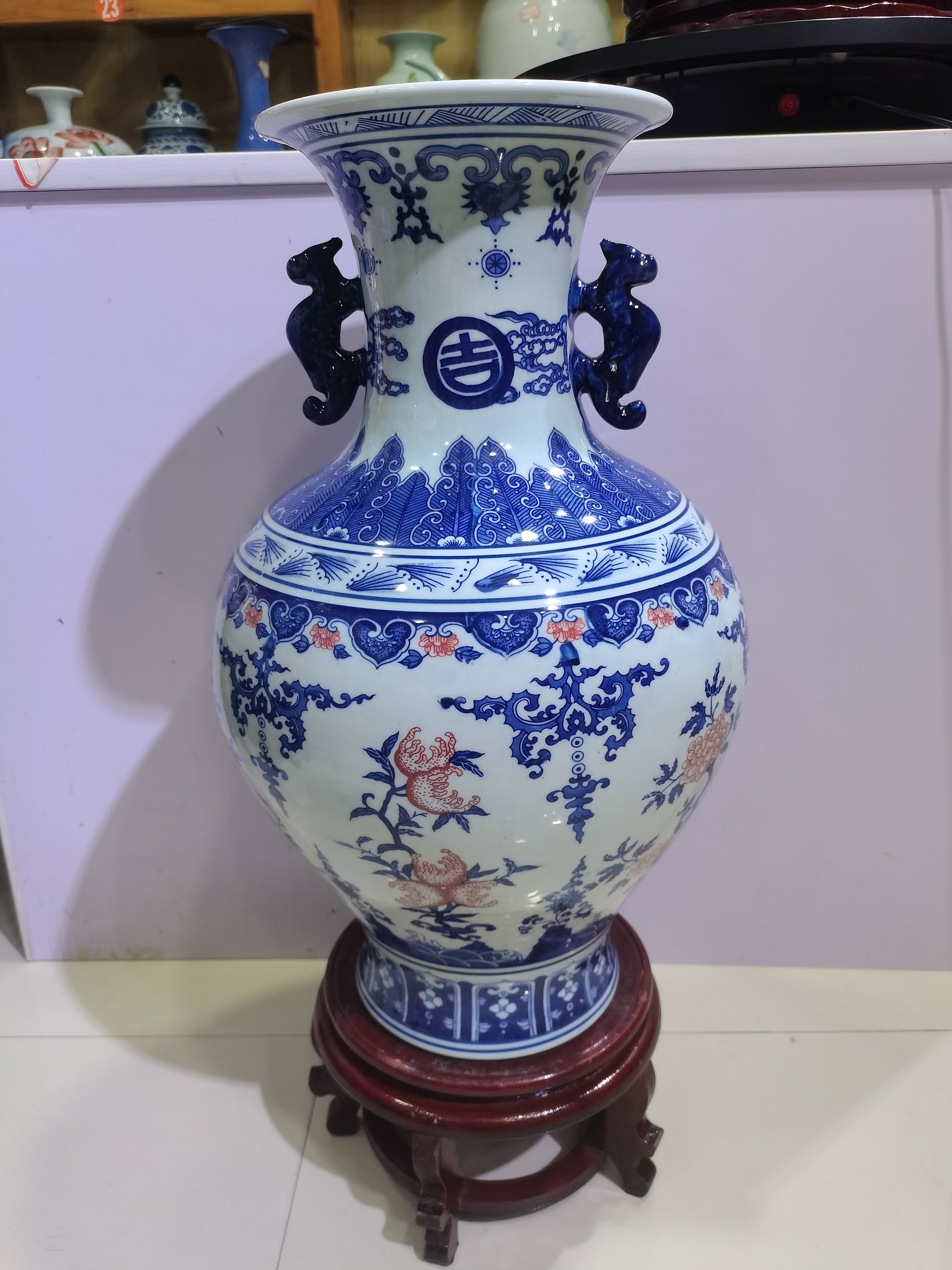 景德镇青花釉里红双耳如意瓶