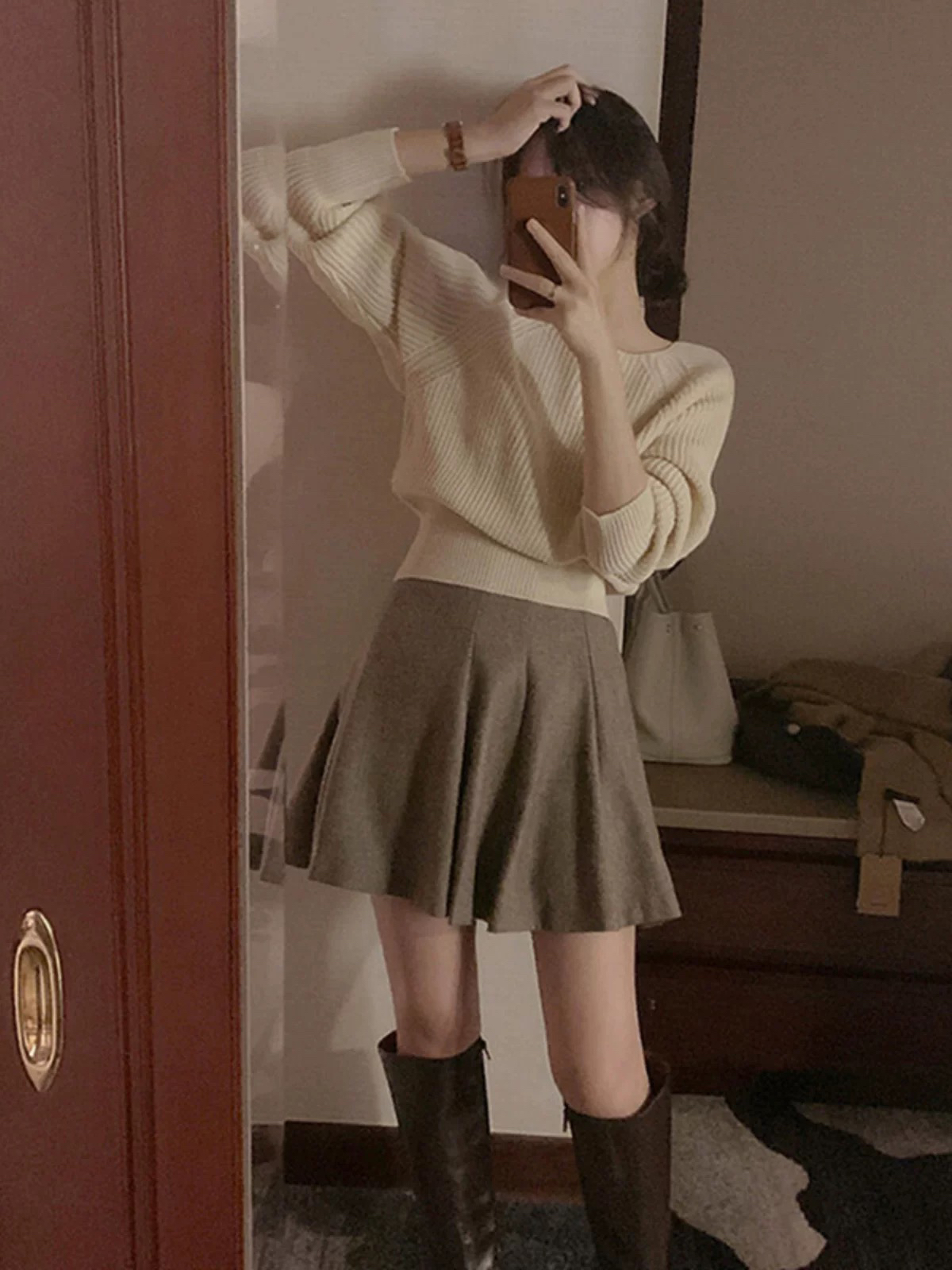 【cleanfit穿搭】加厚毛衣女秋冬方领漏锁骨灯笼袖针织衫上衣