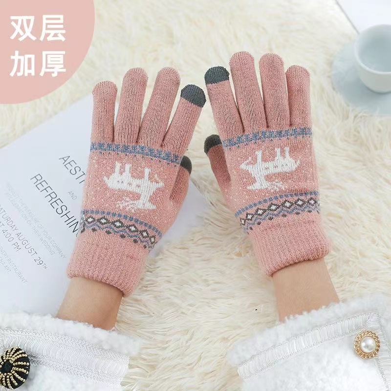 毛线手套女加绒加厚骑行开车学生秋冬保暖户外防风防寒时尚触屏