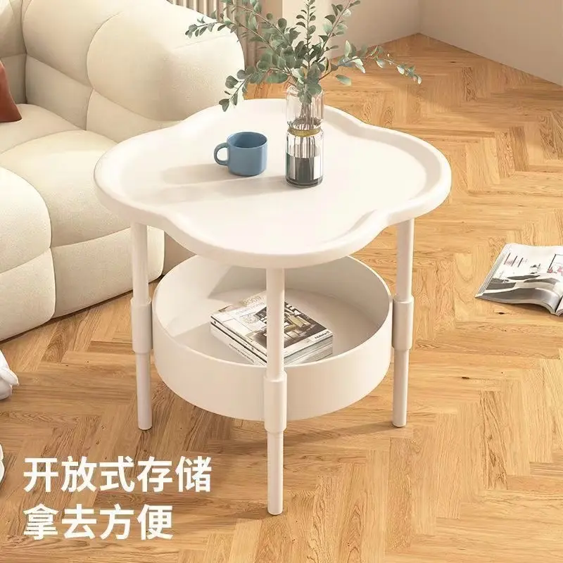 创意边几四叶草茶几简约双层桌客厅移动置物架奶油风沙发边儿童柜