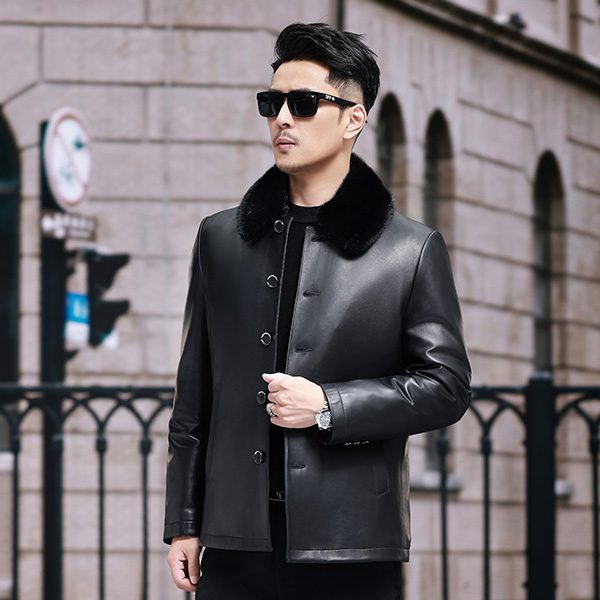 8207翻领绵羊皮纽扣可脱卸毛领内胆商务休闲春秋冬百搭男士皮夹克