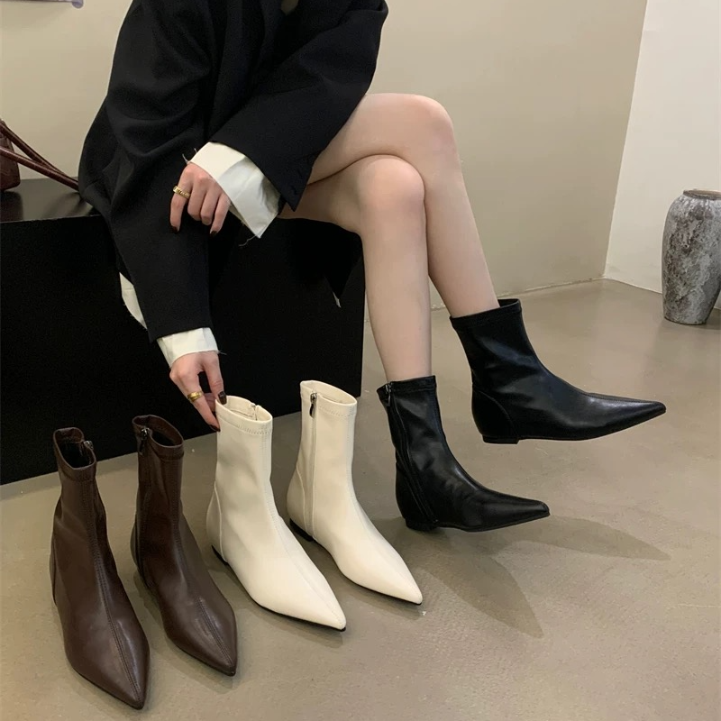 欧美内增高短靴2024秋冬款短靴尖头马丁靴女侧拉链中筒靴9566-1