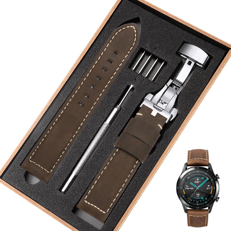 表带适用华为GT4复古皮带GT3疯马纹牛皮watch4pro皮表链GT2皮表带