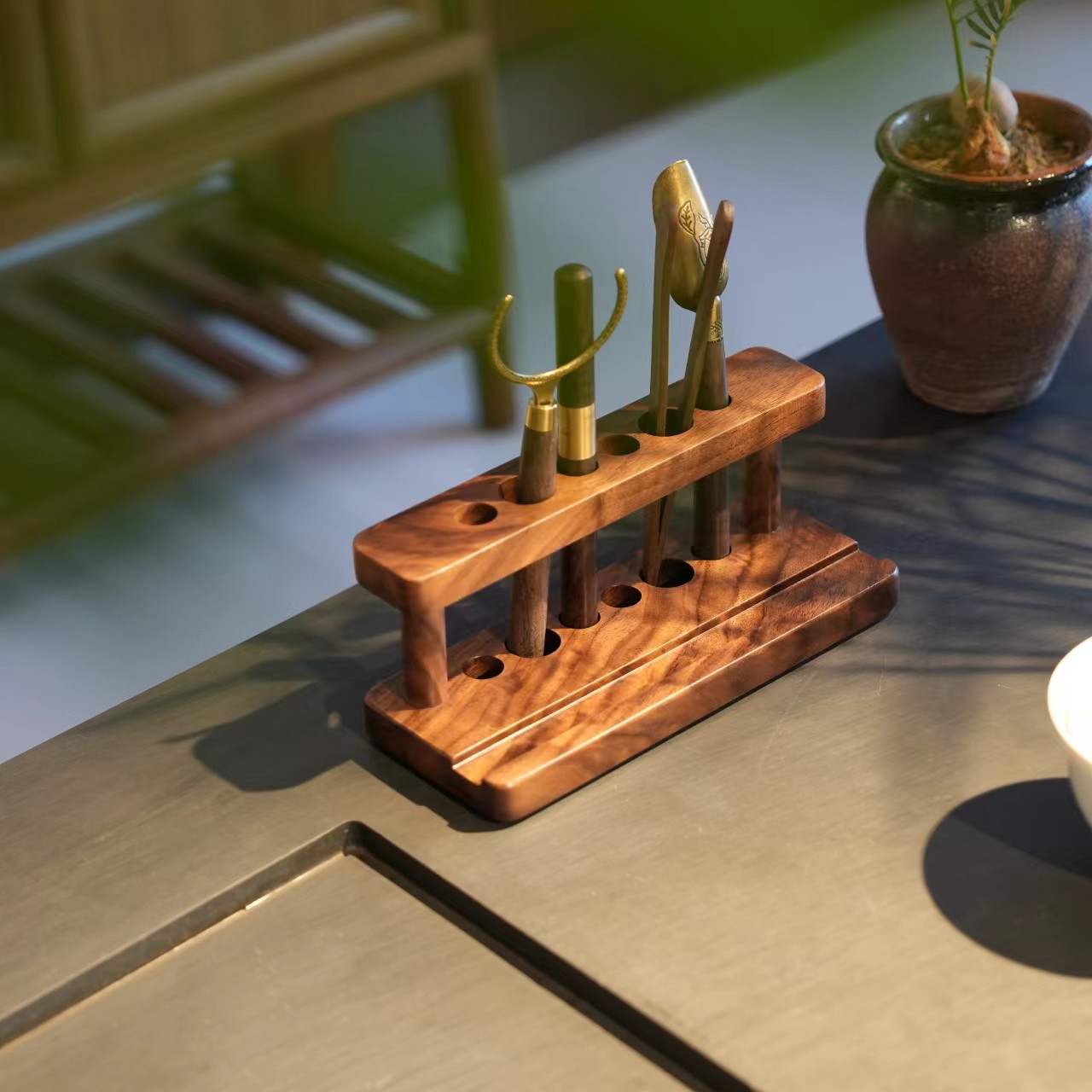 禅意金瘤纹茶道手工茶具六君子支架北美黑胡桃树根料简约多功能架