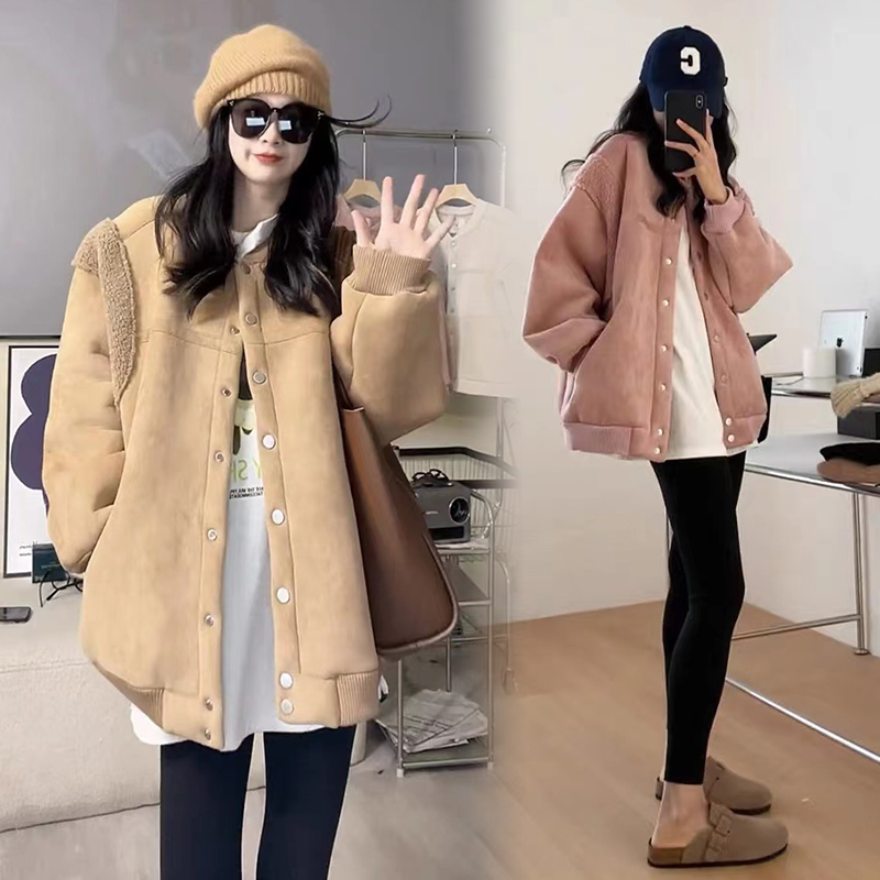 【周周】2023秋冬装欧货庸懒风加绒加厚棒球服拼接羊羔毛麂皮绒外套