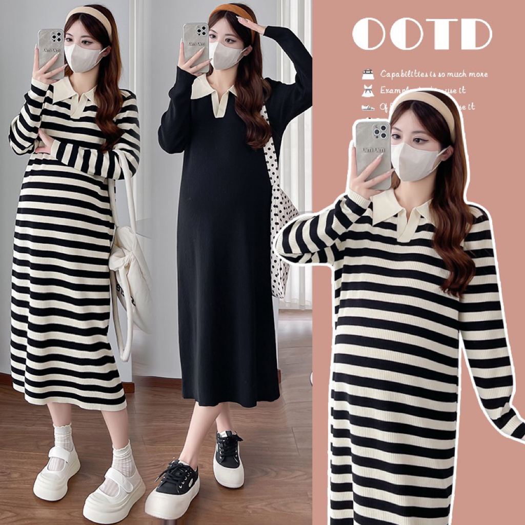 平替好物【周周】春秋新款翻领长袖孕妇连衣裙显瘦宽松大码长裙