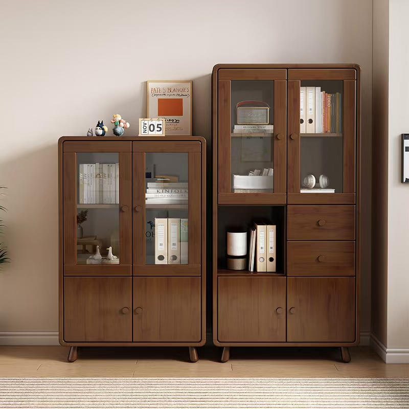 家用实木玻璃门书柜落地学生防尘书架原木儿童储物柜置物架带门