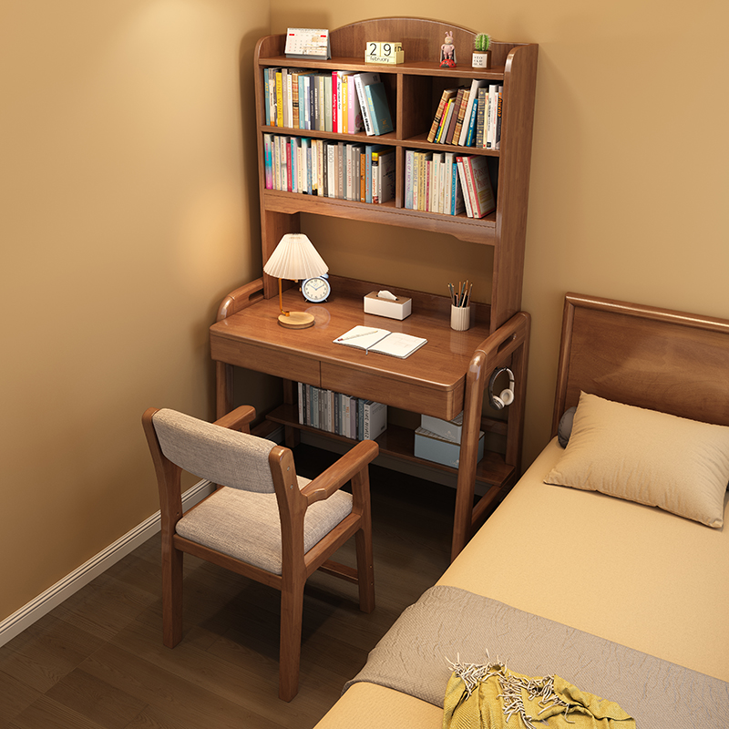 学生实木书桌书架一体家用简约电脑桌卧室学习桌作业学习桌实木