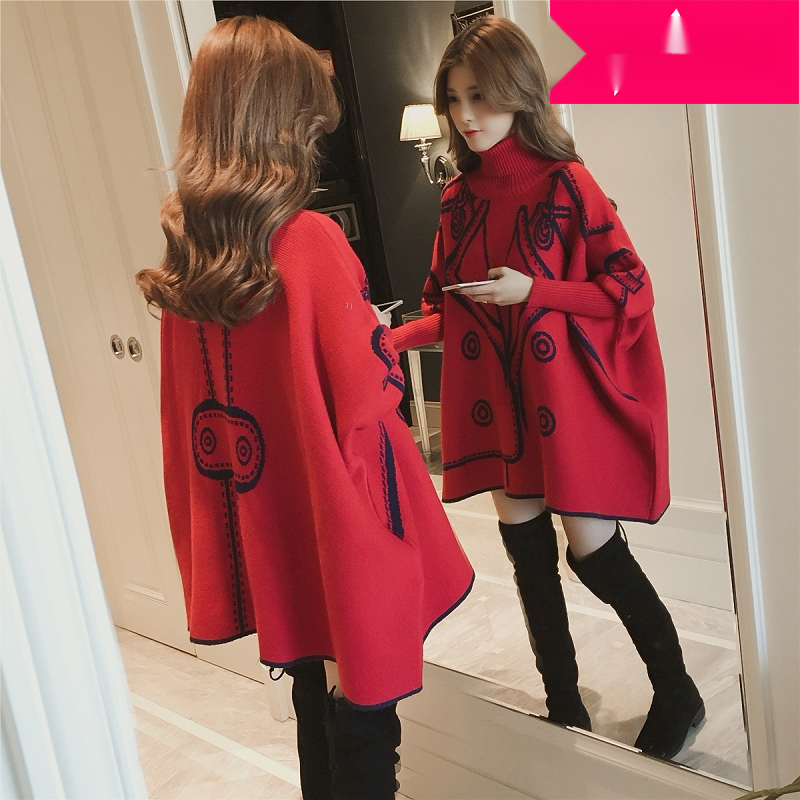 秋冬新款韩版中长款高领套头针织衫斗篷毛衣女红色蝙蝠衫学生外套