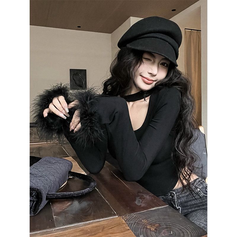 半高领打底衫女秋冬季短款黑恤性感露胸显瘦辣妹上衣2024爆款新款