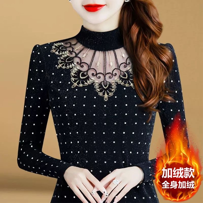 大码女装网纱打底衫秋冬新款半高领洋气上衣加绒保暖长袖蕾丝小衫