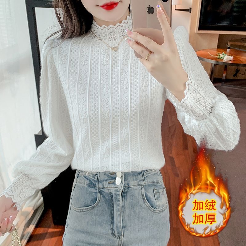 加绒女士蕾丝蕾丝衫韩版拼接蕾丝打底衫上衣打底衫洋气半高领