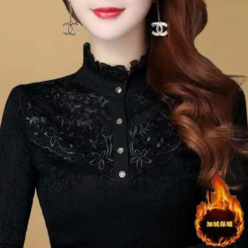 加绒/不加绒秋冬新款蕾丝打底衫女加绒加厚长袖修身女士内搭上衣