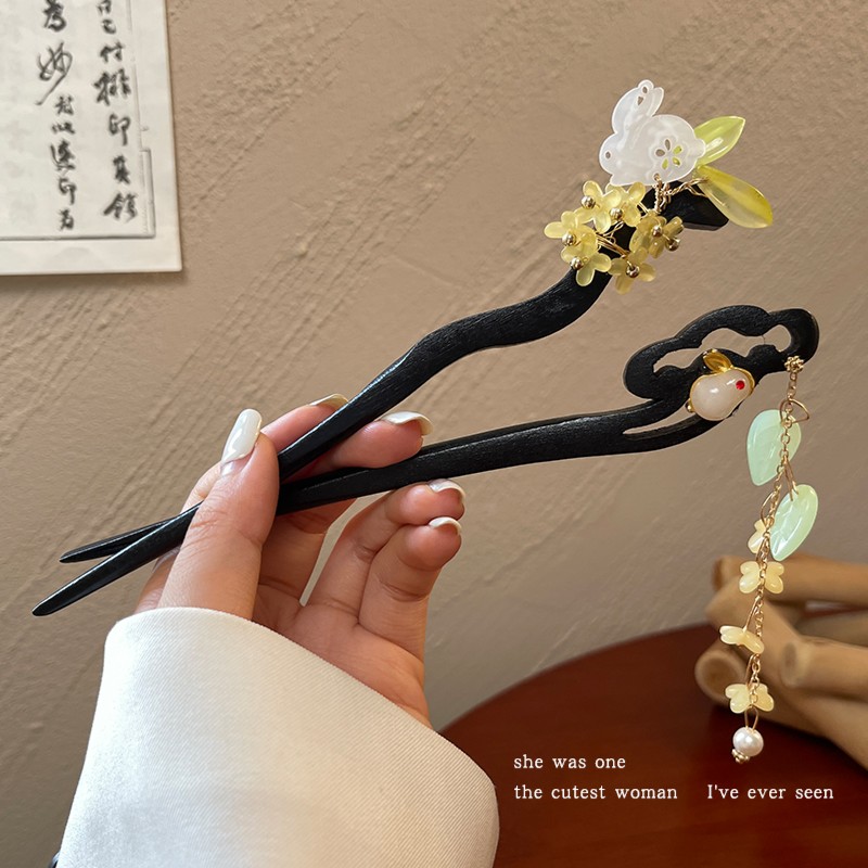 非金属发饰 玉兔桂花流苏发簪祥云木簪子新中式古风发钗子头饰女
