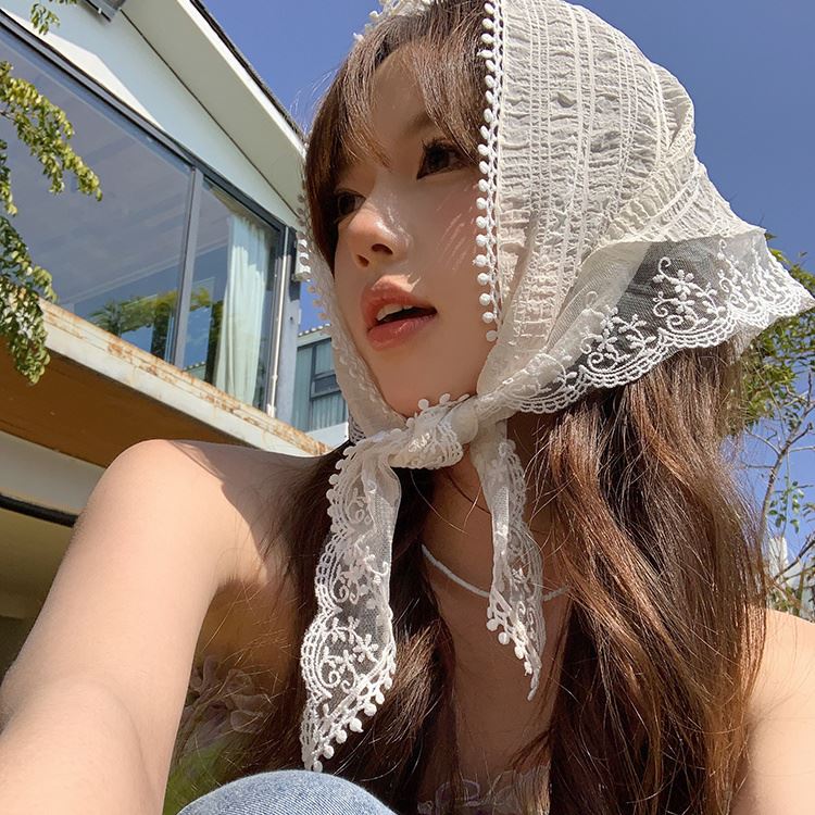 法式田园风头巾白色蕾丝三角巾头巾发带法式包头时尚拍照花朵发圈