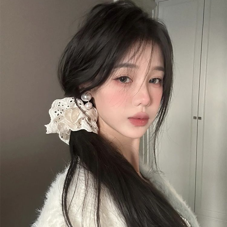 纹理感侧马尾白色镂空发圈女蕾丝大肠花边高级感发绳头绳发饰扎头